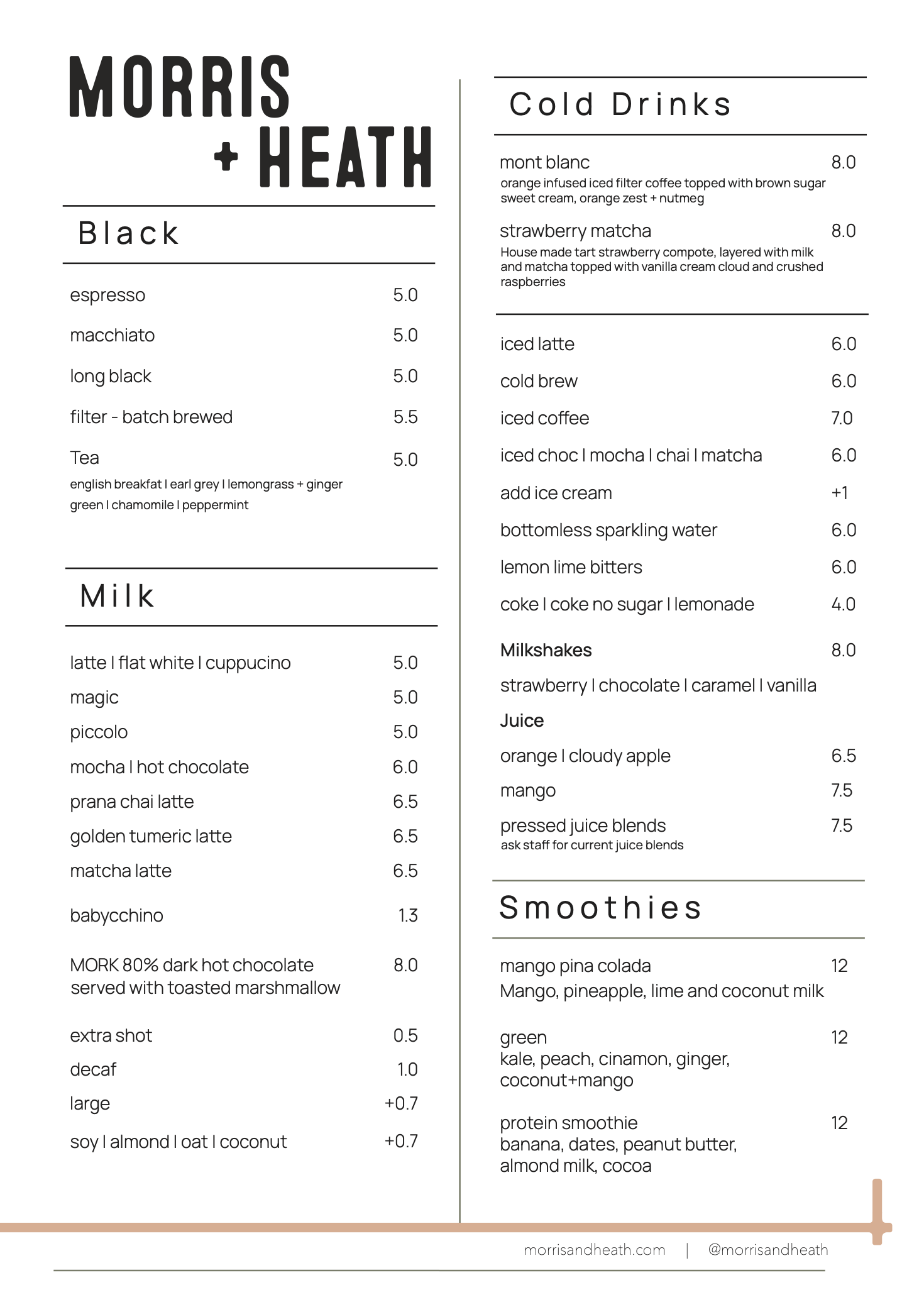 Morris and heath Coffee and drinks menu