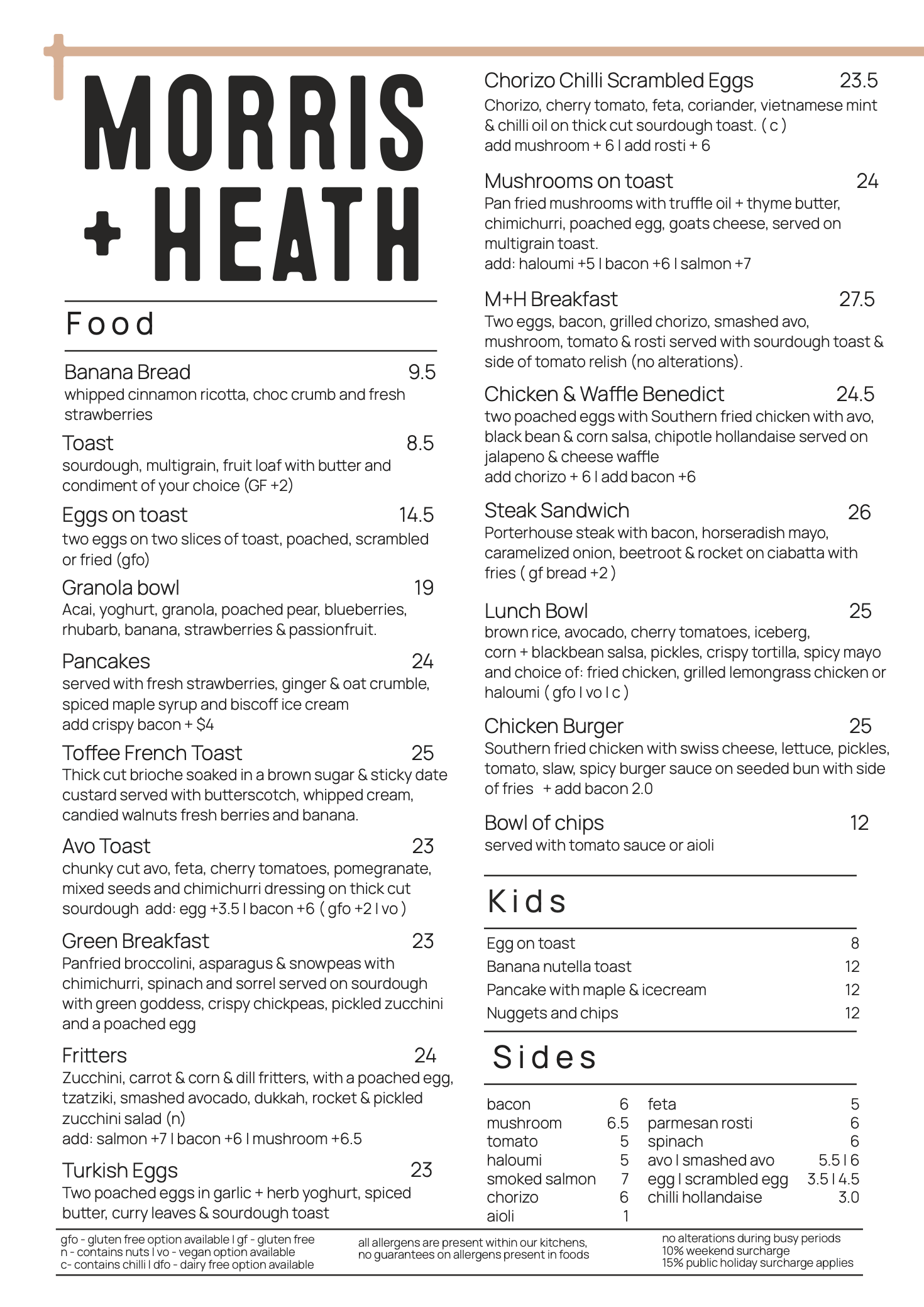 Morris and heath Food menu breakfast brunch and lunch, all day breakfast