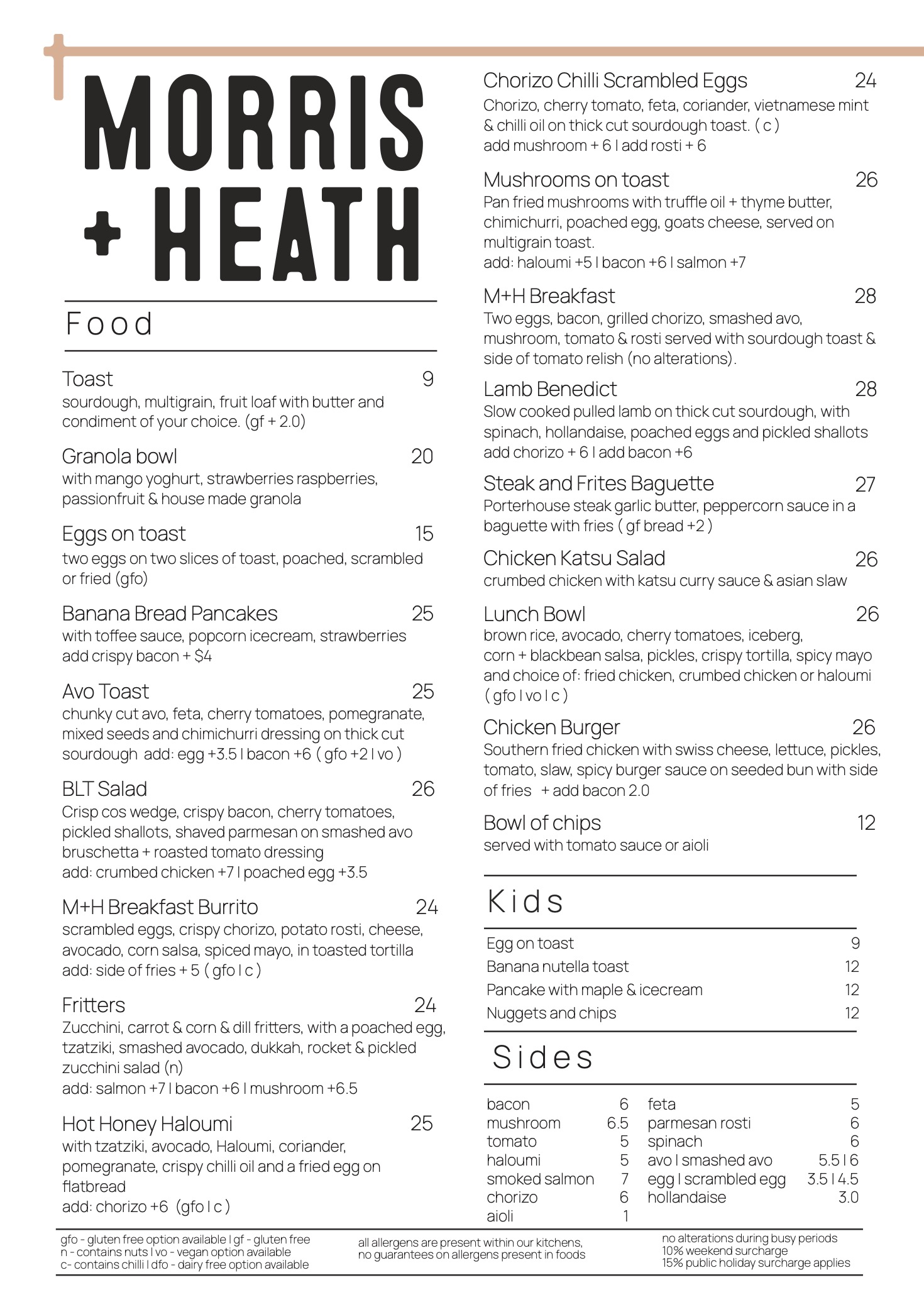 Morris and heath Food menu breakfast brunch and lunch, all day breakfast